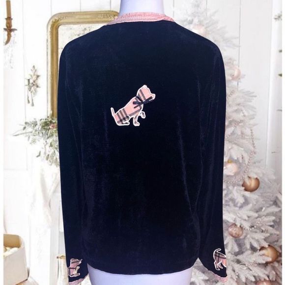 That Sweater Black Cardigan Women Large Pink Puppy Dogs Plaid - Picture 3 of 4